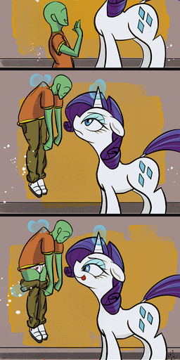 bottomwear bottomwear_down clothed clothing dialogue female feral horn imminent_sex larger_female licking licking_lips licking_own_lips magic male pants pants_down partially_clothed self_lick size_difference smaller_male telekinesis text tongue tongue_out nignogs friendship_is_magic hasbro my_little_pony mythology anon rarity_(mlp) equid equine human mammal mythological_creature mythological_equine unicorn comic english_text hi_res