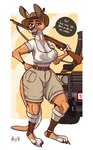 anthro areola australian belt bodily_fluids bottomwear breasts claws clothed clothing dialogue exclamation_point female footwear fully_clothed fur gun hand_on_hip hat hat_feather headgear headwear holding_gun holding_object holding_ranged_weapon holding_weapon loose_feather mosin-nagant nipples non-mammal_breasts ranged_weapon rifle shorts socks solo stirrup_footwear stirrup_socks sweat sweat_fetish sweaty_body sweaty_breasts sweaty_chest sweaty_clothing tan_body tan_fur text translucent translucent_clothing weapon weapon_over_shoulder wide_hips hyenatig_(artist) mercedes-benz mercedes-benz_g-class sheila_(hyenatig) kangaroo macropod mammal marsupial 2022 absurd_res digital_media_(artwork) english_text hi_res