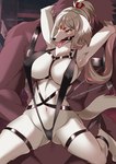 anthro belly_riding blush bound breasts clothed clothing duo female fur genitals hair kemono nipples pussy tongue tongue_out white_body white_fur white_hair ruri_tsubame cygames world_flipper helga_(world_flipper) borzoi canid canine canis domestic_dog hunting_dog mammal sighthound