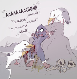 ankles_tied anthro beak belly blood bodily_fluids bone bound buckteeth chain chained clitoral_hood crying dialogue disembowelment dying execution fatal_vore feathers feet female female_peeing feral fingers fur genital_fluids genitals gore group guts hands_tied hard_vore intestines killing laceration multi_nipple nipples nude open_beak open_mouth oral_vore organs outdoor_nudity pain peeing raised_arm screaming skull snuff standing tail tears teeth text toes urine urine_pool vore vulva white_body white_feathers slowderpyguy avian bird gull lari larid mammal murid murine rat rodent digital_media_(artwork) english_text hi_res