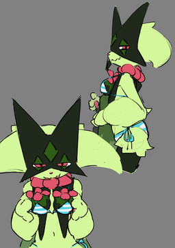 ambiguous_gender anthro bikini clothing fake_breasts flower_(anatomy) flower_trick fur green_body green_fur jagged_mouth looking_at_viewer mask pawpads paws pink_eyes pink_nose solo swimwear two-piece_swimsuit dwelne nintendo pokemon generation_9_pokemon meowscarada pokemon_(species) 2026 absurd_res hi_res