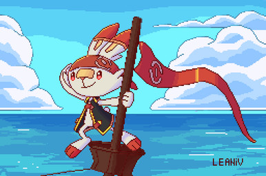 ambiguous_gender anthro biped bottomless bottomless_ambiguous bottomless_anthro clothed clothing cloud day flag flag_(object) fur grey_body grey_fur holowear_(pokemon) kerchief leaning leaning_forward outside pirate pirate_outfit red_body red_eyes red_fur sea ship sky smile solo standing text vehicle water watercraft young young_ambiguous young_anthro leanivbirb nintendo pokemon pokemon_unite captain_style_cinderace captain_style_scorbunny generation_8_pokemon pokemon_(species) scorbunny 2022 artist_name colored digital_media_(artwork) pixel_(artwork) shaded