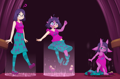 ahoge aquamarine_skirt blue_eyes blush bottomwear clothes_falling_off clothing eyewear female floppy_ears footwear glasses hair height_loss heterochromia horn impification legwear mary_janes not_furry occult_symbol oversized_clothing oversized_tank_top pattern_bottomwear pattern_clothing pattern_footwear pattern_legwear pattern_skirt pattern_socks pentagram pink_body pink_clothing pink_eyes pink_footwear pink_glow pink_hair_tips pink_shirt pink_shoes pink_skin pink_tank_top pink_topwear pivoted_ears pointy_ears purple_hair round_glasses scar sharp_teeth shirt shoes short_stack short_stackification skirt socks solo species_transformation striped_clothing striped_footwear striped_socks stripes symbol tank_top teeth topwear transformation transformation_sequence transformation_through_magic mentalcrash horned_humanoid human humanoid imp mammal absurd_res hi_res sequence