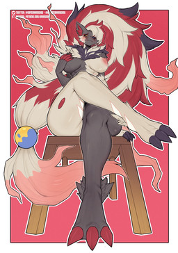 anthro areola big_breasts big_butt big_hair biped black_body black_fur blue_eyes breasts butt chair claws crossed_legs female front_view fur furniture fusion grey_body grey_fur hair heterochromia inner_ear_fluff long_hair looking_at_viewer multicolored_body multicolored_fur multicolored_hair neck_tuft nipples nude nude_female on_chair pink_areola pink_nipples red_claws red_hair simple_background sitting sitting_on_chair solo thick_thighs tuft two_tone_body two_tone_fur white_body white_fur white_hair yellow_eyes orangedog nintendo pokemon pokemon_legends_arceus canid canine generation_5_pokemon generation_8_pokemon hisuian_form hisuian_zoroark hybrid mammal pokemon_(species) regional_form_(pokemon) zoroark hi_res