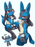 ambiguous_gender anthro blue_body butt navel red_eyes side_butt side_view simple_background sitting smile standing tail text white_background bigoyatsu nintendo pokemon generation_4_pokemon lucario pokemon_(species) riolu absurd_res hi_res japanese_text