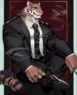 anthro biped claws clothed clothed_anthro clothed_male clothing fingers fur humanoid_hands male markings muscular muscular_anthro muscular_male pink_nose smoke solo striped_body striped_fur striped_markings striped_tail stripes tail tail_markings fuguri felid mammal pantherine tiger 2022 absurd_res hi_res