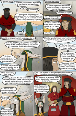 anthro black_hair brown_hair clothed clothing dialogue ear_piercing ear_ring eyewear female fully_clothed glasses group hair hands_behind_back hat headgear headwear house_ivenmoth_uniform male orange_eyes piercing pupils ring_piercing size_difference slit_pupils speech_bubble text trio unsigned caedere valsalia out-of-placers viracroix_salia vizlet human mammal yinglet comic english_description english_text hi_res letterbox