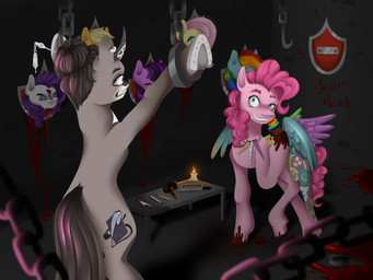 accessory blood blood_on_floor blood_on_head blood_on_hooves blue_eyes blue_wings bodily_fluids book bound candle chain chained cupcake cut_horn cutie_mark dismembered duo ear_piercing female feral food furniture gore green_wings grey_body hair hair_accessory hammer holidays horn horn_jewelry jewelry loose_feather medical_instrument mounted_trophy piercing pink_body pink_hair pink_tail purple_horn purple_wings quill saw scalpel scientific_instrument surgical_instrument syringe table tail teeth_showing tools white_horn wings yellow_horn kanoka creepypasta cupcakes_(mlp_fanfic) friendship_is_magic halloween hasbro my_little_pony mythology applejack_(mlp) fluttershy_(mlp) pinkie_pie_(mlp) rainbow_dash_(mlp) rarity_(mlp) twilight_sparkle_(mlp) written_word_(ballad) earth_pony equid equine horse mammal mythological_creature mythological_equine pony unicorn 4:3 hi_res
