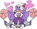 alcohol_consumption alcohol_inflation anthro balls bdsm blue_nose blush bondage bound clothed clothing container cup dialogue drinking_glass duo funnel fur genitals glass glass_container glass_cup hiccuping male male/male nude overweight overweight_anthro overweight_male penis pink_nose purple_body size_difference tail thick_thighs wide_hips wine_glass remmyfox mauve_(mauvetoon) remmy_(remmyfox) mammal mephitid skunk hi_res