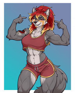abs anthro arm_tattoo black_nose bottomwear breasts clothing female fur grey_body grey_fur hair muscular red_hair shirt shorts smile smirk solo tattoo topwear katesashi valkairis_sarikblod canid canine canis mammal wolf hi_res