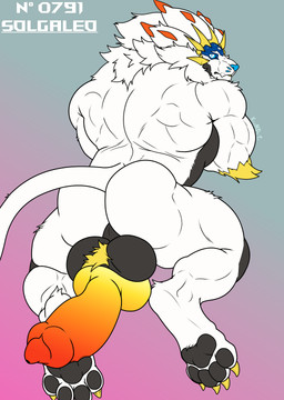 animal_genitalia animal_penis anthro arm_tuft back_muscles ball_tuft balls biceps big_balls big_butt big_penis blue_eyes butt canine_genitalia canine_penis claws crossed_arms digitigrade elbow_tuft erection facial_tuft feet fur genitals huge_penis looking_at_viewer male mane multicolored_body muscular muscular_anthro muscular_male nude pawpads penis presenting rear_view simple_background solo tail toes tuft xyandrith nintendo pokemon felid feline generation_7_pokemon legendary_pokemon lion mammal pantherine pokemon_(species) solgaleo absurd_res hi_res