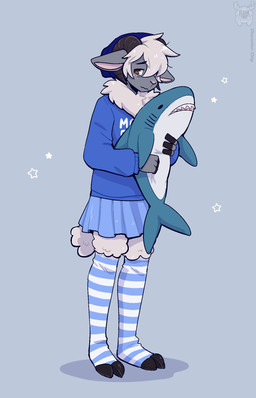 anthro black_eyebrows black_hooves black_horn blue_bottomwear blue_clothing blue_shirt blue_skirt blue_topwear bottomwear brown_nose clothed clothing crossdressing eyebrows freckled_face freckles fur grey_body hair hooves horn hug hugging_object hugging_plushie legwear male pattern_clothing pattern_legwear pattern_stockings plushie shirt short_hair simple_background skirt snout solo standing stockings striped_clothing striped_legwear striped_stockings stripes tail topwear wool_(fur) fleurfurr bovid caprine mammal sheep 9:14 cel_shading colored colored_sketch digital_drawing_(artwork) digital_media_(artwork) hi_res shaded sketch