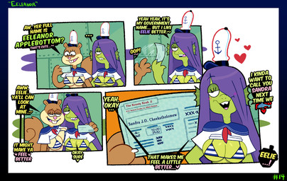 anthro big_breasts bikini bikini_top blush breasts buckteeth clothing duo female female/female hair hair_over_eye non-mammal_breasts swimwear teeth text two-piece_swimsuit under_boob uniform somescrub nickelodeon spongebob_squarepants eelie_applebottom sandy_cheeks aquatic eastern_grey_squirrel eel fish grey_squirrel mammal rodent sciurid tree_squirrel 2025 absurd_res comic english_text hi_res