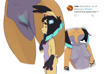 accessory anthro areola biped black_hair black_markings breasts countershade_torso countershading dipstick_ears ear_markings eyebrows female genitals gloves_(marking) grey_body grey_highlights hair hair_accessory hairclip half-closed_eyes highlights_(coloring) markings multicolored_body multicolored_ears narrowed_eyes nipples nude pasties pink_nose pussy_tape scut_tail short_hair short_tail simple_background small_breasts solo tail tan_body tape text two_tone_body user_avatar user_message vulva white_background polyle abby_(polyle) lagomorph leporid mammal rabbit 2021 english_text multiple_images