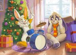 anthro christmas_tree drum drum_set duo holidays male musical_instrument percussion_instrument plant scarf tree pandapaco christmas lagomorph leporid mammal rabbit