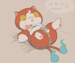 2_tails 3_toes 4_fingers anthro anus asian_clothing belly big_butt big_head blush blush_lines bodily_fluids butt clothed clothing clothing_aside east_asian_clothing feet fingers fire flaming_tail fundoshi fundoshi_aside fundoshi_only fur genitals gloves_(marking) grey_background grey_clothing grey_fundoshi grey_underwear inner_monologue japanese_clothing leg_markings lying male markings multi_tail multicolored_body multicolored_fur notched_ear on_back open_mouth open_smile overweight overweight_anthro overweight_male pawpads penis pink_nose pink_pawpads presenting presenting_hindquarters red_body red_fur short simple_background small_penis smile socks_(marking) solo spread_legs spreading sweat sweatdrop tail text thick_thighs thinking thought_bubble toes topless two_tone_body two_tone_fur underwear underwear_aside underwear_only white_body white_fur yellow_sclera cafongterua asian_mythology east_asian_mythology japanese_mythology level-5 mythology yo-kai_watch jibanyan domestic_cat felid feline felis mammal yokai 2025 cel_shading digital_media_(artwork) english_text shaded