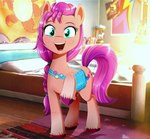 badge bag bed bedroom cutie_mark female feral furniture green_eyes hair hooves messenger_bag open_mouth open_smile purple_hair smile solo the-butcher-x hasbro mlp_g5 my_little_pony sunny_starscout_(mlp) earth_pony equid equine horse mammal pony 2021 absurd_res hi_res