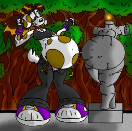 anthro belly belt big_belly bottomwear breasts clothing collar crop_top female fingerless_gloves footwear gloves handwear navel panties pants pregnant pregnant_anthro pregnant_female sculpture shirt shoes sneakers solo statue topwear underwear virus-20 alice_(virus-20) canid canine canis domestic_dog mammal 2006 digital_media_(artwork)