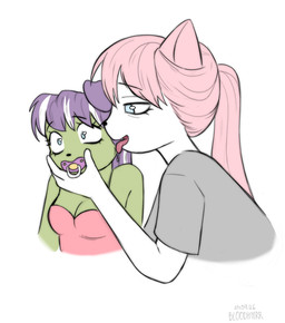 age_regression ageplay anthro anthro_on_anthro blue_eyes cheek_lick clothed clothing duo duo_focus face_grab face_lick female female/female green_body group hair infantilism licking looking_at_another object_in_mouth pacifier pacifier_in_mouth pink_hair purple_hair purple_tail roleplay scared shirt simple_background size_difference smaller_female smile surprised t-shirt tail tongue topwear white_background white_body bloodymrr canid canine felid mammal absurd_res half-length_portrait hi_res portrait
