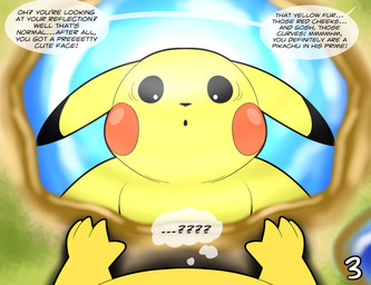 after_transformation biped confusion dialogue first_person_view looking_at_reflection looking_down male offscreen_character puddle solo speechless thought_bubble wetland tepigfan101 nintendo pokemon pokemon_mystery_dungeon spike_chunsoft casey_(tepigfan101) generation_1_pokemon pikachu pokemon_(species) absurd_res hi_res