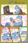 anthro belly blue_body bodily_fluids bottle container dialogue gaming genital_fluids overweight peeing playing_video_game sweat text urine unagi_bukuro nintendo pokemon blastoise generation_1_pokemon generation_3_pokemon pokemon_(species) salamence 2021 comic english_text hi_res japanese_text