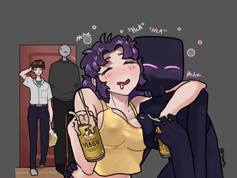 alcohol arm_around_shoulders beer beverage beverage_can blue_bottomwear blue_clothing blue_pants blush blush_lines bodily_fluids bottomwear breast_squish breasts breasts_frottage cleavage clothed clothing container crop_top drunk eyeless eyes_closed female female/female grey_background grey_clothing group hair holding_beer holding_container holding_object male not_furry pants purple_hair shirt simple_background square_head squish substance_intoxication sweat tank_top topwear white_clothing white_shirt white_topwear yellow_clothing yellow_shirt yellow_tank_top yellow_topwear kaiartis microsoft minecraft mojang neon_genesis_evangelion sapporo xbox_game_studios yebisu_(beer) anon misato_katsuragi shinji_ikari enderman human humanoid mammal 2026 hi_res