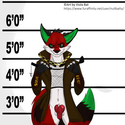 animal_genitalia animal_penis anthro balls black_ears black_sclera bottomless canine_genitalia canine_penis chart clothed clothing coat dipstick_tail fishnet_clothing fishnet_shirt fishnet_topwear front_view fur genitals green_eyes green_inner_ear green_tail_tip grin height_chart holding_object holding_whip knot looking_at_viewer male markings mugshot penis red_body red_fur red_penis shirt smile solo tail tail_markings text topwear trenchcoat whip viola_bat victor_johansen canid canine fox mammal 1:1 2018 artist_name english_text hi_res portrait three-quarter_portrait url