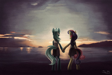 anthro anthrofied boat bottomwear clothed clothing detailed_background duo female hair hand_holding landscape long_hair mountain multicolored_hair outside sea seaside skirt sky standing sunset two_tone_hair vehicle water watercraft sunbusting friendship_is_magic hasbro my_little_pony bonbon_(mlp) lyra_heartstrings_(mlp) equid equine horse mammal pony 2016