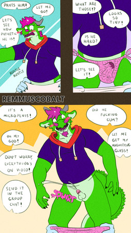 anthro beard belly bodily_fluids bulge caught clothing cum embarrassed exhibitionism exposed facial_hair genital_fluids genitals group humiliation male micropenis nude panties penis penis_humiliation profanity small_penis small_penis_humiliation text underwear remmus_cobalt mythology dragon mythological_creature mythological_scalie scalie 4k 9:16 absurd_res comic english_text hi_res