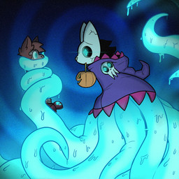 ambiguous_gender anthro candy_bucket clothed clothed_anthro clothing duo footwear glowing glowing_tentacles holding_another holding_object_in_mouth hypnosis hypnotic_eyes mask mind_control shoes spiral spiral_eyes tentacles jaybat11 hallow_(jaybat11) domestic_cat eldritch_abomination felid feline felis ghost mammal spirit tentacle_creature 2024 digital_drawing_(artwork) digital_media_(artwork) english_description hi_res