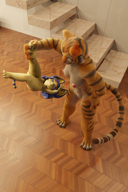 angry anthro blue_hair breasts claws countershading covering covering_crotch duo feet female female/female fur genitals hair hand_on_hip holding_by_leg looking_down multicolored_body multicolored_fur muscular muscular_anthro muscular_female nipples nude orange_body pawpads paws slim struggling tail toe_claws upside_down vulva yellow_body uberpuber johnwulffe_(modeler) zy0n7_(modeler) animal_crossing dreamworks kung_fu_panda nintendo ankha_(animal_crossing) master_tigress domestic_cat felid feline felis mammal pantherine tiger 2026 2:3 3d_(artwork) absurd_res blender_(artwork) blender_cycles_(artwork) digital_media_(artwork) hi_res
