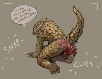 all_fours anthro biped blush bulge butt camera_view clothing dialogue kneeling looking_back male raised_tail scales smile solo tail text underwear vulgarstarling mammal pangolin english_text