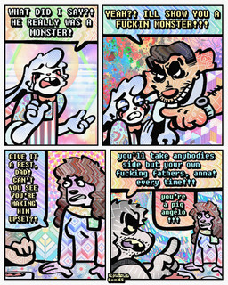 4_panel_comic anthro arm_hair black_hair bodily_fluids body_hair bow_tie brown_body brown_fur cheek_spots cheek_tuft clothing collared_shirt crying dialogue ears_down facial_hair facial_tuft female floppy_ears fur grey_body grey_fur group hair half-closed_eyes male mustache narrowed_eyes overalls pivoted_ears polo_shirt profanity purple_body purple_fur scarf shirt speech_bubble stubble sweater tears teeth text tooth_gap topwear tuft white_body white_fur yellow_body yellow_fur rawdawgcomics bingus_(rawdawgcomics) cataldo_(rawdawgcomics) stahli_(rawdawgcomics) bird_dog canid canine canis domestic_dog golden_retriever hunting_dog lagomorph leporid mammal rabbit retriever 4:5 comic english_text hi_res