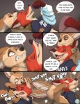 2016 anthro canid canine clothing comic dialogue disney dress duo english_text eye_contact fennec_fox fight finnick_(zootopia) fox glare hi_res hindpaw holding_clothing holding_object humor looking_at_another lying male mammal midriff nick_wilde on_back pawpads paws punch red_fox seth-iova snarling speech_bubble surprise teeth text true_fox violence zootopia