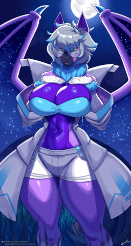 anthro big_breasts blue_highlights bottomwear breasts clothing coat crop_top eyebrow_through_hair eyebrows eyelashes eyewear female full_moon fur glasses glistening glistening_body glistening_breasts glistening_thighs grey_body grey_fur hair hand_on_chest highlights_(coloring) inner_ear_fluff membrane_(anatomy) membranous_wings moon navel neck_tuft night purple_body round_glasses shirt shorts solo teal_eyes thick_thighs topwear translucent translucent_hair tuft wide_hips wings lyorenth-the-dragon mythology bat dragon hybrid mammal mythological_creature mythological_scalie scalie 2025 hi_res