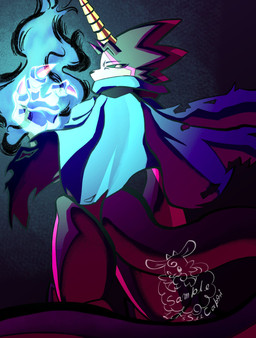 anthro belt black_body black_sclera blue_cape blue_clothing blue_fire cape claws clothing colored_fire dark fire horn male rear_view solo tail white_eyes letsseecapri bandai_namco digimon digimon_(species) gulusgammamon absurd_res hi_res