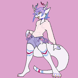 ambiguous_gender anthro antlers big_tail bottomwear clothing hair horn long_tail male purple_hair shorts smile solo tail tail_motion thick_tail white_body white_horn white_tail wide_hips badcanis strider_(kelpius) lizard reptile scalie 1:1 animated animated_gif digital_media_(artwork) pixel_(artwork) pixel_animation short_playtime