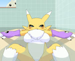 anthro bathtub bent_legs black_sclera blue_eyes blush breasts chest_tuft duo extended_arms featureless_breasts featureless_crotch female fur knees_out_of_water legs_out_of_water spread_arms tuft yellow_body yellow_fur lets0020 bandai_namco digimon canid canine digimon_(species) mammal renamon terriermon 2d_animation animated frame_by_frame no_sound short_playtime webm