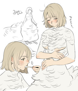 3_toes 5_fingers arms_bent blonde_hair blush breasts claws cutlery eating eyelashes eyes_closed feathered_wings feathers featureless_breasts feet female fingers front_view hair hand_on_belly hands_at_side holding_spoon kitchen_utensils light_body nude quadruped short_hair side_view simple_background sitting solo spoon straight_hair text toes tools white_background wings yellow_eyes 0820_lakia delicious_in_dungeon falin_touden avian avian_taur humanoid_taur taur 2026 digital_drawing_(artwork) digital_media_(artwork) flat_colors hi_res korean_text monochrome multiple_scenes sketch
