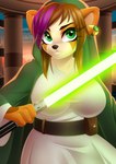 anthro belt big_breasts black_nose breasts brown_hair clothed clothing ear_piercing ear_ring female green_eyes green_lightsaber hair highlights_(coloring) jedi lightsaber melee_weapon piercing pink_highlights ring_piercing robe solo weapon dannyckoo tresertf blizzard_entertainment disney star_wars warcraft kiku_(white_knight19) bear mammal pandaren red_pandaren 2020 hi_res