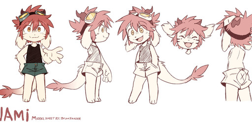 anthro black_clothing black_shirt black_tank_top black_topwear blue_bottomwear blue_clothing blue_shorts bottomwear cheek_stripes clothing eyewear eyewear_on_head fangs floppy_ears goggles goggles_on_head hair horn lop_ears male open_mouth open_smile red_hair red_horn red_stripes shirt shorts smile solo stripes tail tail_tuft tank_top teeth text topwear tuft yellow_eyes koiyaroid mythology nami_(koiyaroid) dragon mythological_creature mythological_scalie scalie artist_name hi_res model_sheet signature