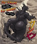 big_butt big_tail black_body black_skin breasts butt cellulite claws destroyed_building female godzilla_(series) hi_res huge_butt humanoid kaiju macro md34 nude reptile sagging_breasts scalie smoke solo spikes spikes_(anatomy) tail thick_thighs toho zilla