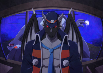 anthro backflip biped black_body blue_body claws clothing dorsal_fin dorsal_frill ear_fins fin frill_(anatomy) grey_body hat headgear headwear horn jacket looking_at_viewer male multicolored_body necktie no_shirt overweight overweight_male purple_body red_eyes spines topwear white_body wings yumeto_cross mythology nintendo pokemon negadrake dragon generation_3_pokemon legendary_pokemon mythological_creature mythological_scalie pokemon_(species) scalie shadow_lugia shadow_pokemon 2024 hi_res