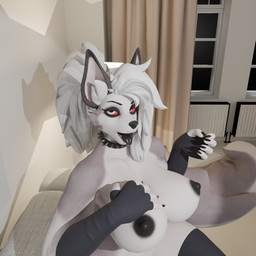 anthro armwear big_breasts breasts choker clothing elbow_gloves female fur gloves hair handwear jewelry legwear looking_at_viewer necklace nipples nude simple_background solo tail thigh_highs tongue tongue_out ghost_bunnie valcon_(modeler) hellaverse helluva_boss mythology loona_(helluva_boss) canid canid_demon canine demon hellhound mammal mythological_canine mythological_creature 1:1 3d_(artwork) digital_media_(artwork)