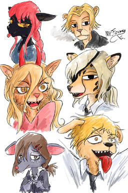 anthro eye_patch eyewear female group male mr.foxman chainsaw_man denji_(chainsaw_man) kishibe_(chainsaw_man) kobeni_higashiyama makima_(chainsaw_man) power_(chainsaw_man) bird_dog canid canine canis cheetah domestic_dog felid feline golden_retriever hunting_dog lion mammal murid murine pantherine rat retriever rodent 2:3 hi_res portrait sketch