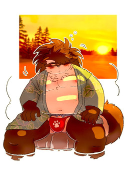 anthro bathing belly blush bulge clothed clothing front_view hair hot_spring male musclegut muscular navel nipples overweight overweight_anthro overweight_male partially_clothed pecs ponytail red_clothing red_underwear solo sunset underwear water kusarikakemono lifewonders tokyo_afterschool_summoners shino_(tas) canid canine canis domestic_dog mammal hi_res portrait three-quarter_portrait