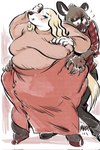 anthro blush bodily_fluids breasts clothed clothing colored_nails duo female hand_on_breast hand_on_hip looking_back male male/female nails obese overweight simple_background size_difference sweat mk_artichoke aggretsuko sanrio haida_(aggretsuko) inui_(aggretsuko) canid canine canis domestic_dog hyena mammal spotted_hyena 2021 colored hi_res