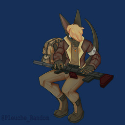 4_fingers anthro backpack blue_eyes boots bottomwear clothed clothing digitigrade fingers footwear gun hair holding_gun holding_object holding_ranged_weapon holding_rifle holding_weapon jacket jewelry looking_at_object male necklace pants ranged_weapon rifle shoes sitting solo topwear weapon peluche_random project_silverfish inheritor scalie 1:1 2025 alpha_channel hi_res