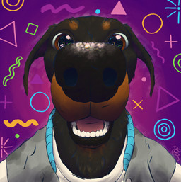 anthro black_body black_fur black_nose circle close-up clothing floppy_ears front_view fur jacket letterman_jacket male open_mouth perspective purple_background simple_background solo square squiggly_lines teeth tongue topwear triangle_(shape) wide_eyed hagatana graduation_(album) kanye_west stephen_(step_omg) canid canine canis dachshund domestic_dog hunting_dog mammal colorful_theme