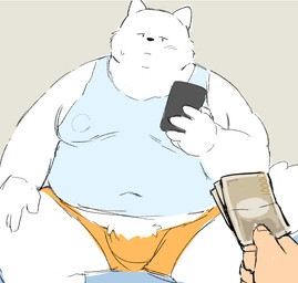 anthro black_nose cellphone clothing duo electronics humanoid_hands kemono male money moobs nipples overweight overweight_male phone prostitution shirt smartphone solo_focus topwear underwear white_body sessa canid canine canis domestic_dog mammal 2026